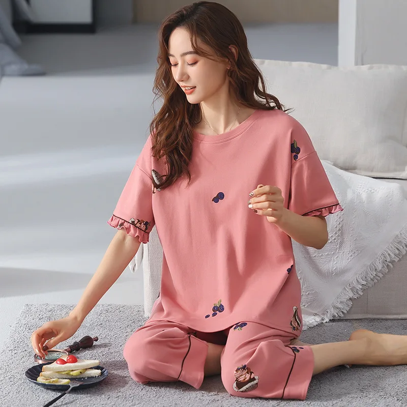 Pajamas for Women's Spring and Summer Korean Cotton Short-sleeved Cropped Pants Round Neck  Pullover Home Suit Casual Sleepwear