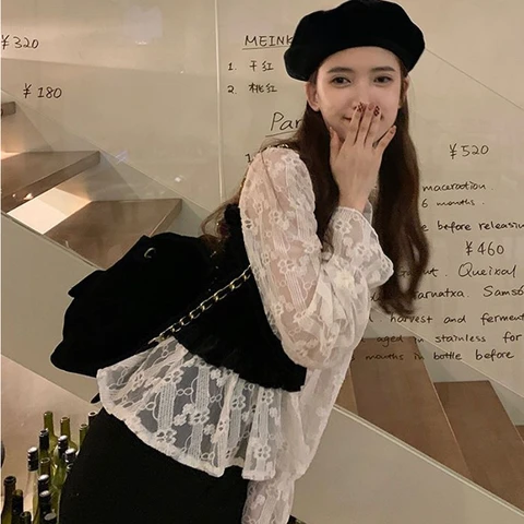 Flare Sleeve Blouse Women Fake 2 Pcs Lace Aesthetic Spring Elegant Holiday Streetwear Vintage Female V-neck Simple Sweet Popular