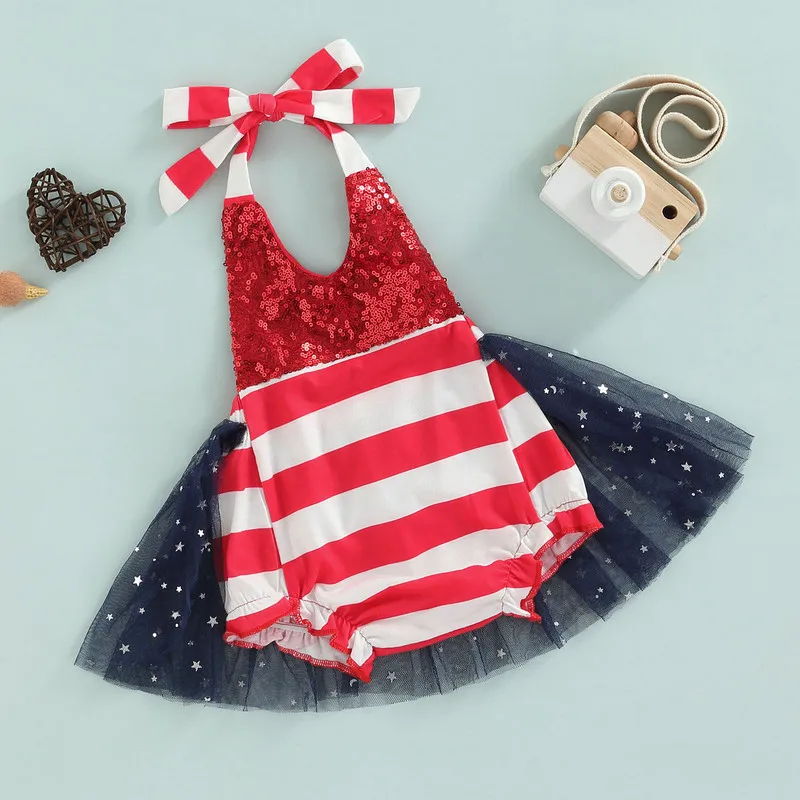 

girl rompers Summer 2022 Baby Bodysuit for newborns Backless Sequin Stripe Mesh Yarn Skirt Triangle Jumpsuits Clothing Overalls