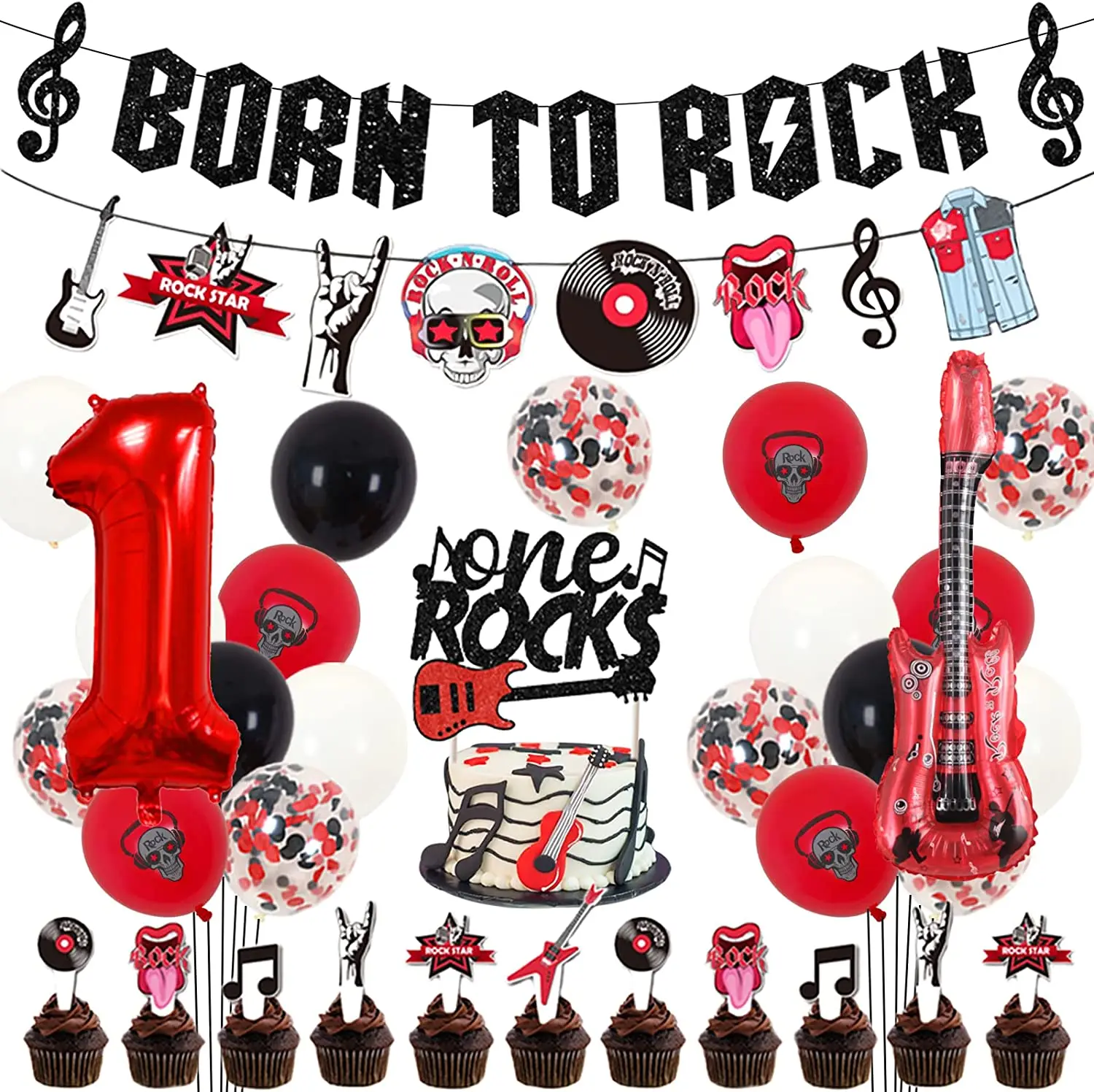 

One Rocks 1st Birthday Party Decorations Rock and Roll First Birthday Black Red Banner Cake Topper Guitar Balloon Music Supplies