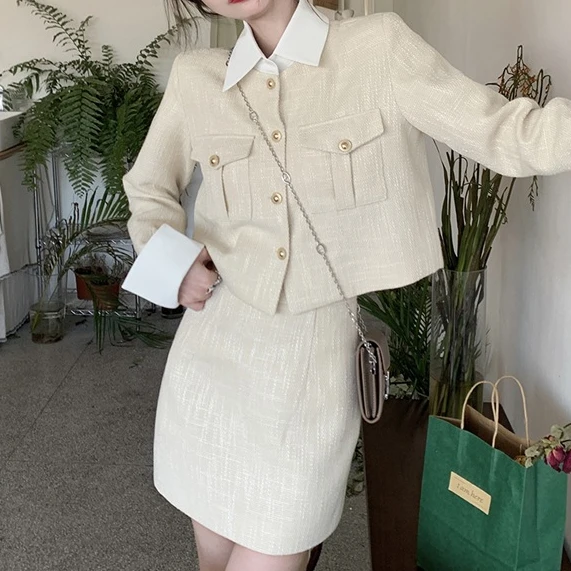 

Autumn Skirt Suits Women Korean Fashion Short Section Long-sleeved Lapel Single-breasted Button Tops Skirt 2pcs Matching Sets