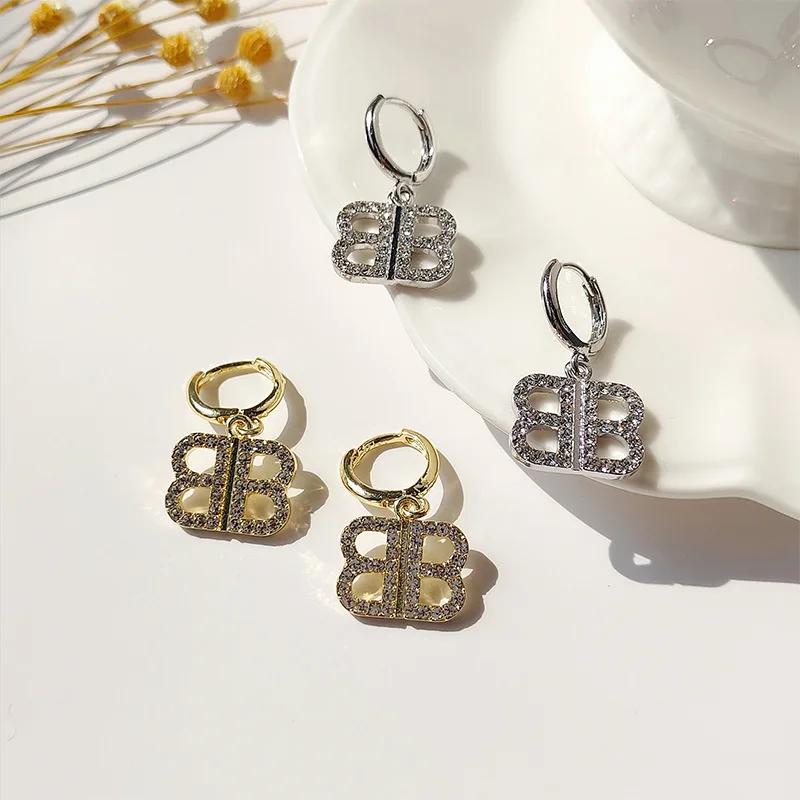 

New Fashion Trendy Earrings Letter B Rhinestone Shiny Earring for Women Girls Wedding Jewelry Party Gifts Wholesale