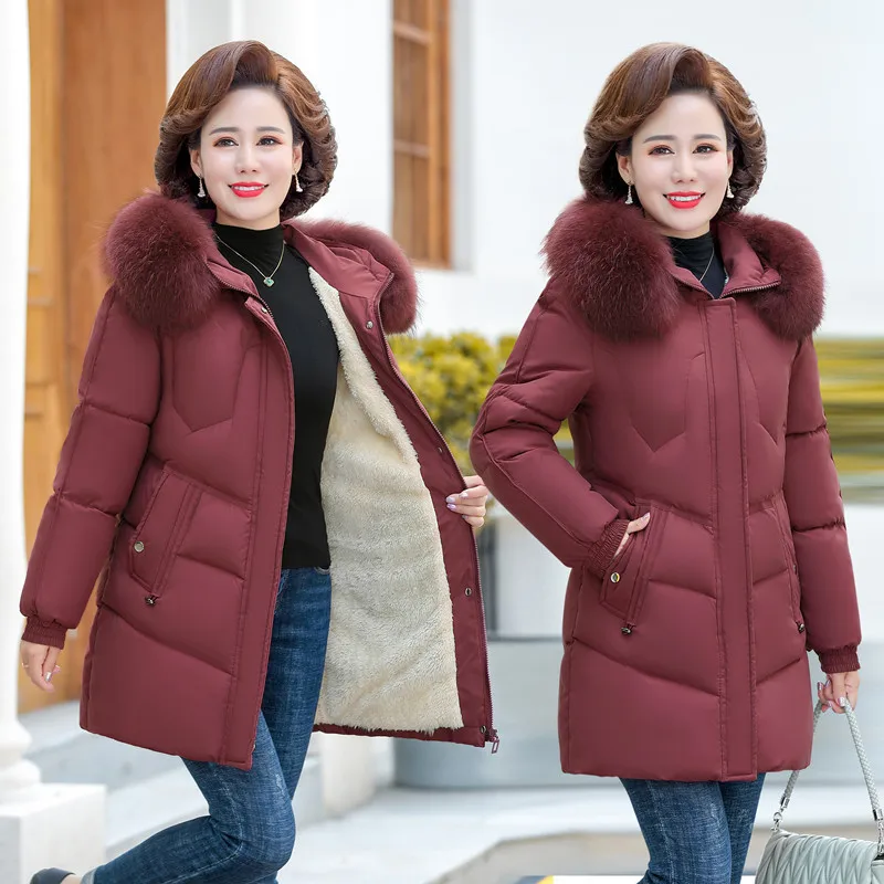 Enlarge Mother Winter Clothes 2022 New Down Cotton Jacket Middle-Aged Elderly Women Medium Long Coat Velvet Thicken Wadded Parkas 5XL