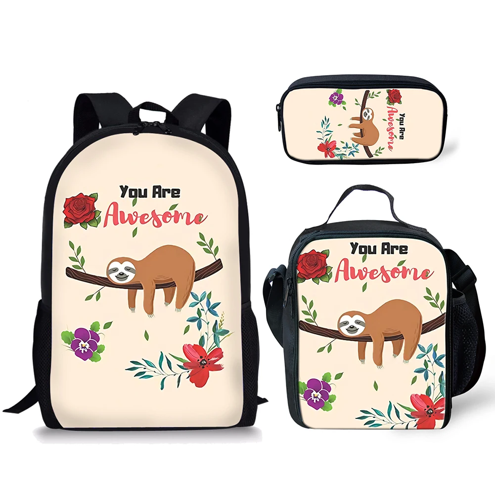 

3Pcs Schoolbag for Teen Boys Girls Funny Sloth Floral Print Backpack for Primary Student Back to School Mochila Escolar