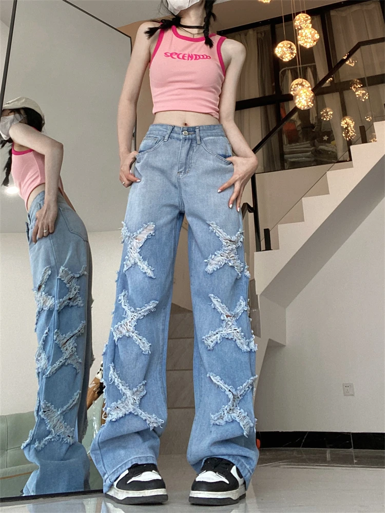 

American Vintage Ripped Hole Women's High Waist Straight Do Old Blue Jeans Spring Summer Casual Neutral Wide Leg Denim Trousers