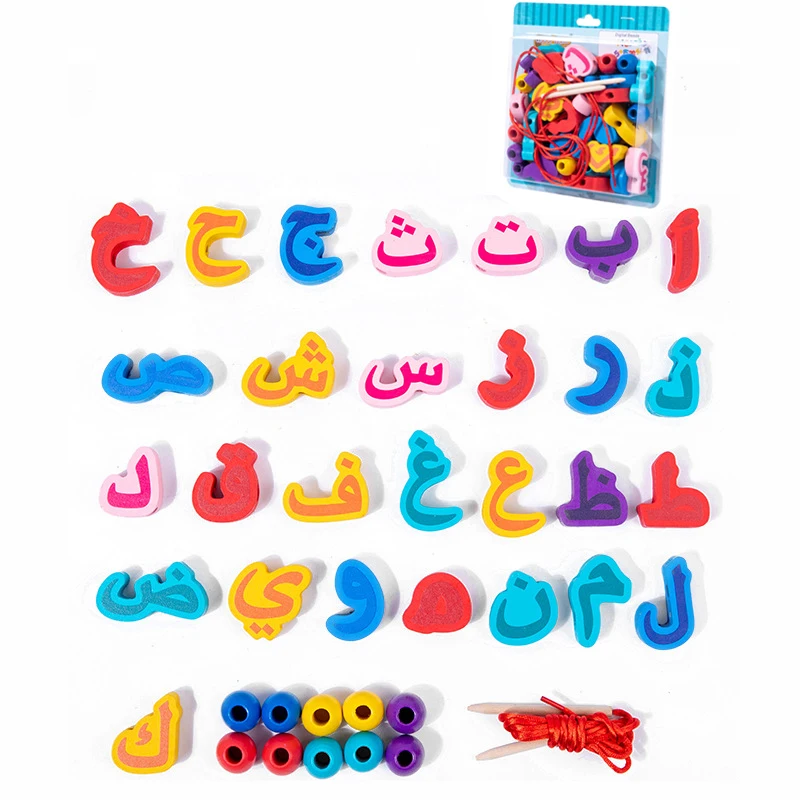 

Wooden Russian Arabic Letters Digital Beads Stringing Threading Lacing Toys Beads Game Kids Montessori Educational Toy Gifts