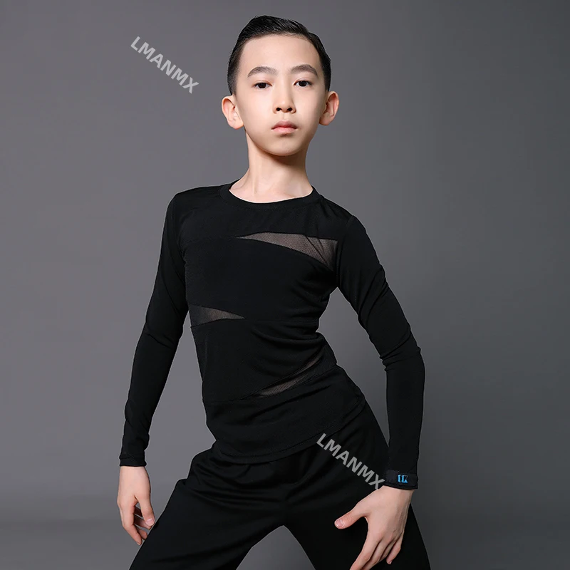 Рубашка для латинских танцев костюмы мальчиков черная одежда с длинными