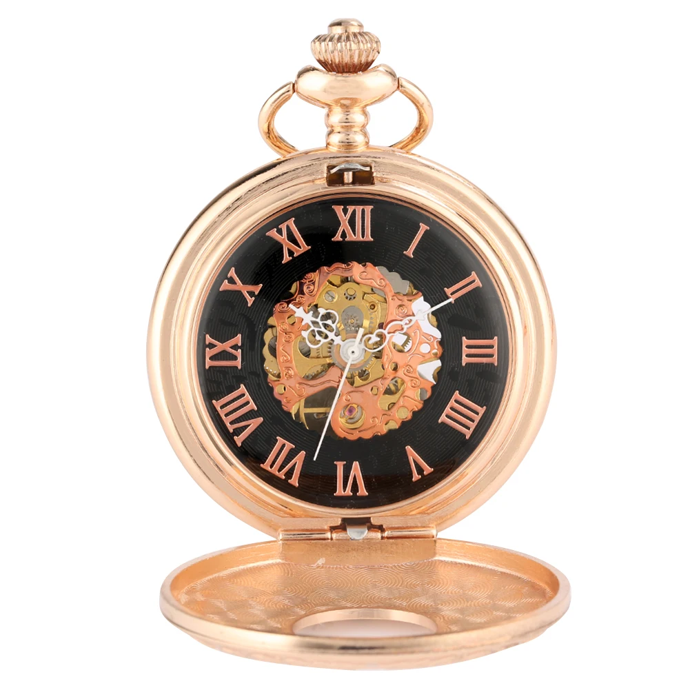 Rose Gold Manual Mechanical Pocket Watch Fob Chain Transparent Skeleton Retro Pendant Pocket Timepiece Hand Winding Movement