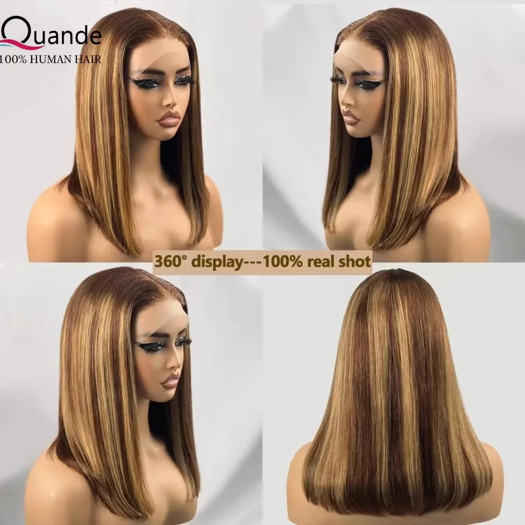QUANDE 4/27 Прямой парик Боб из человеческих волос предварительно выщипанные с