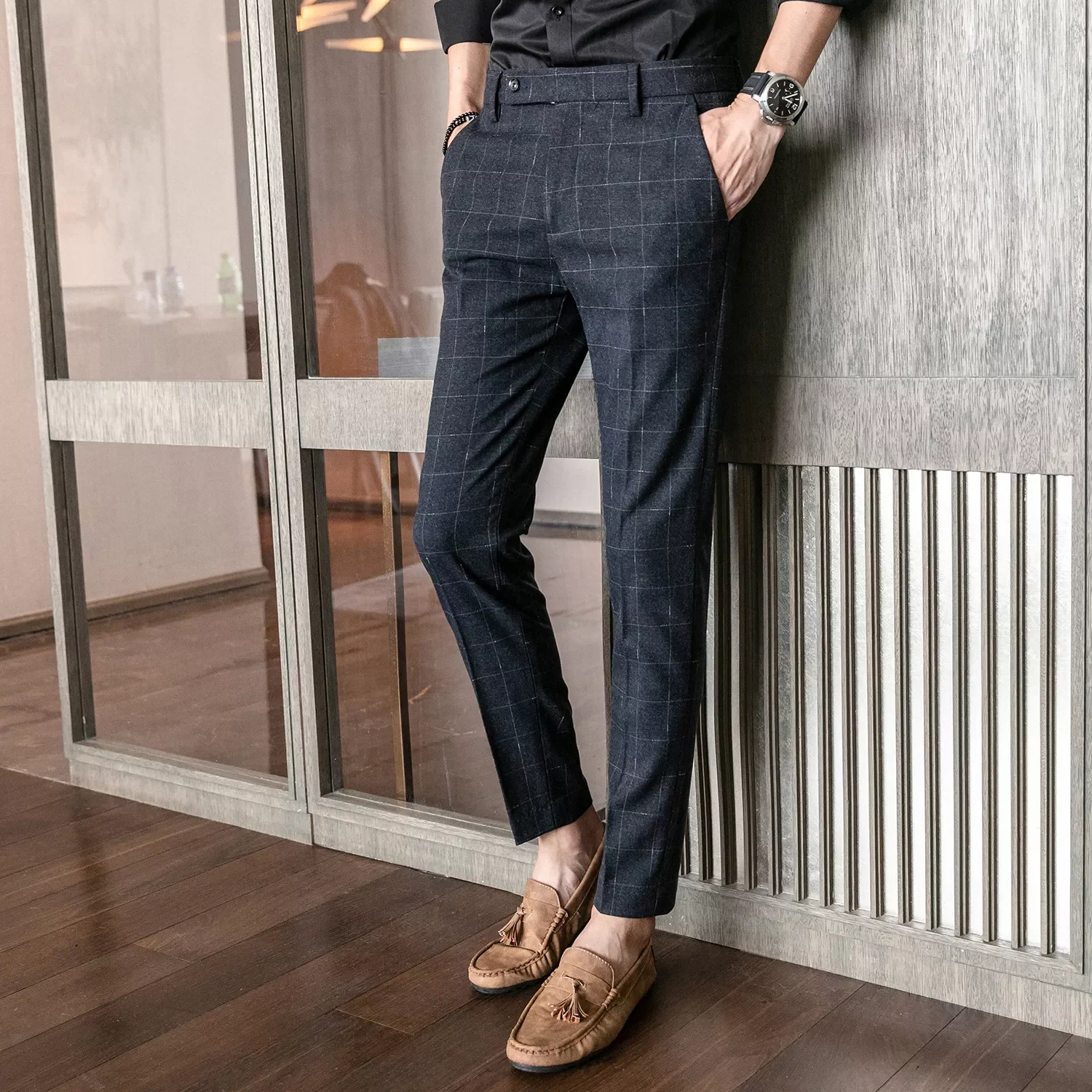 

New Men's Trousers Slim Plaid Casual Pants for Male Straight Small Feet Long Trouser 2022 Brand Autumn and Winter