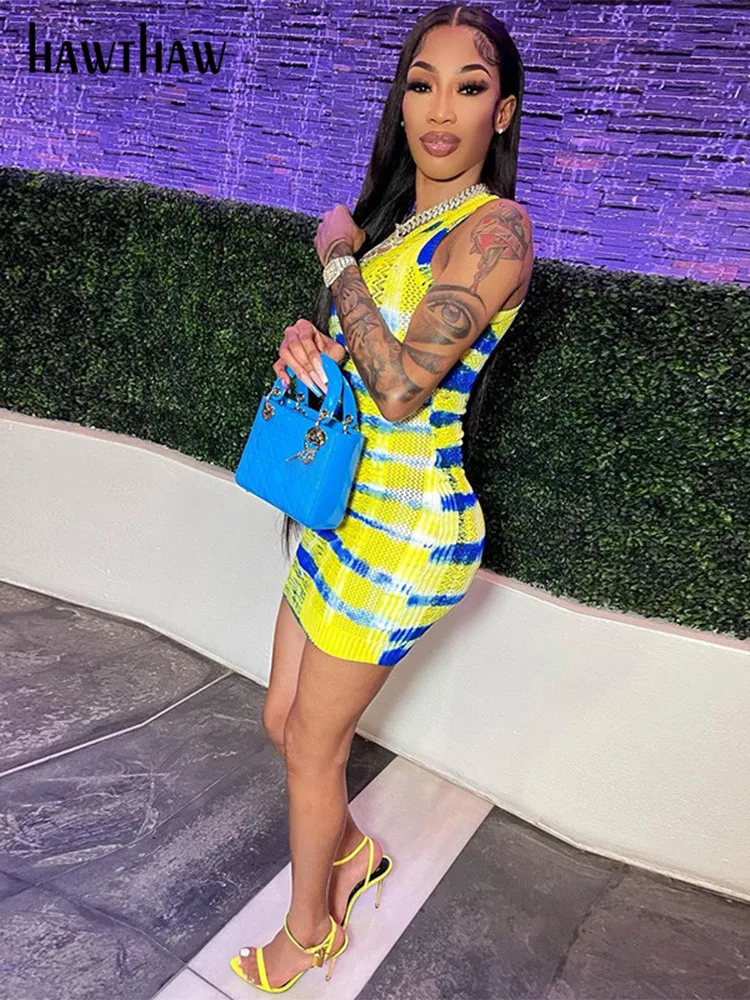 

Hawthaw Women Sexy Sleeveless Printed Bodycon Party Club Streetwear Mini Dress 2022 Summer Clothes Wholesale Items For Business