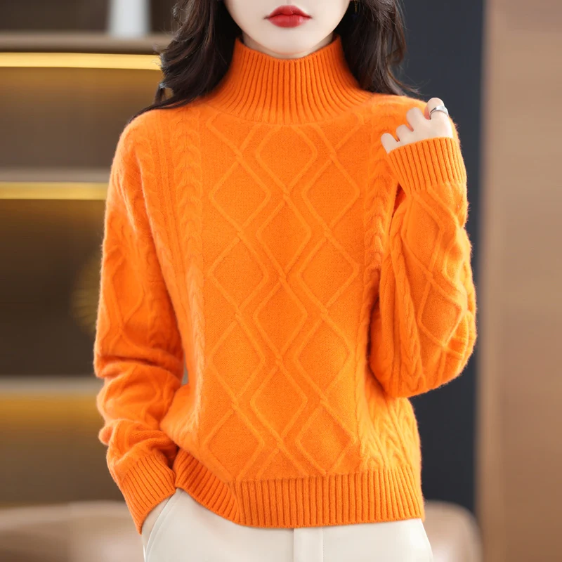 

100% Merino Wool Sweater Women Extra Thick Half Turtleneck Knit Pullover Fall/Winter Loose Vintage Solid Color Jacquard Base Top