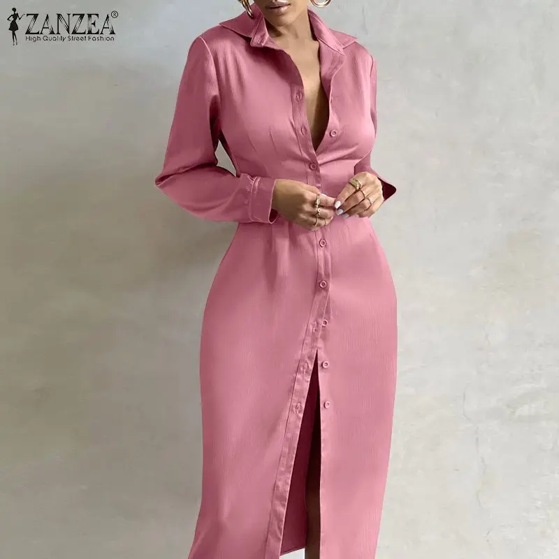 

Платье-рубашка ZANZEA женское атласное, модное повседневное однотонное миди-платье в офисном стиле с длинным рукавом, мешковатое, большого раз...