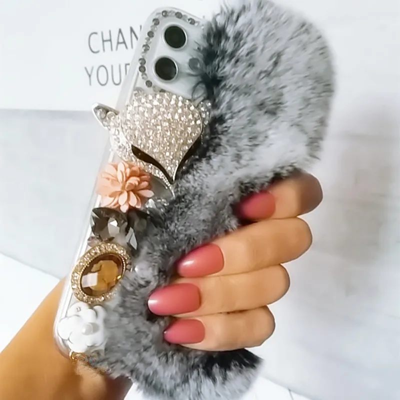 

Luxury Glitter Bling Rhinestone Case Big Diamond Real Rabbit Fur Cover Case For Xiaomi Redmi 8 9 8A 9A 9C 10X Note 8 9 10 Pro