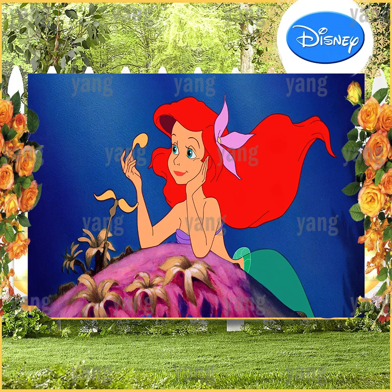 Disney Red Hair Princess Ariel The Little Mermaid Blue Background Girls Baby Shower Birthday Party Flowers Decoration Backdrop