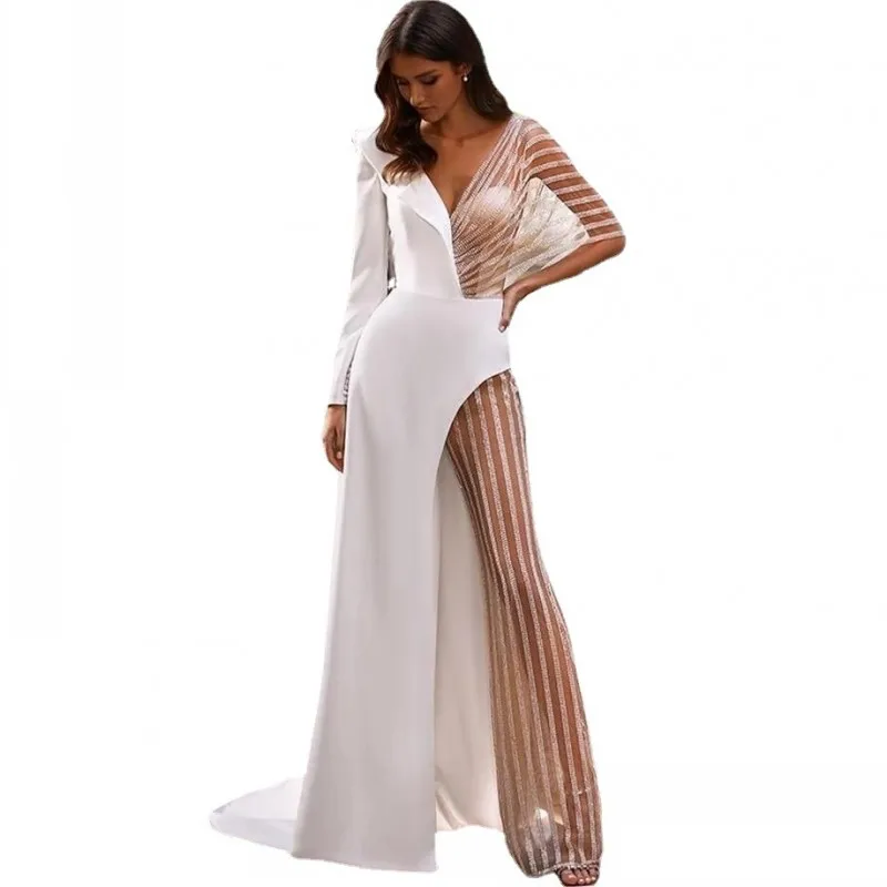 

High Waist Jumpsuit Women Deep V Neck Rompers Playsuit Fashion New Mesh See Through Splice Elegant Sexy Party Jumpsuit Overalls