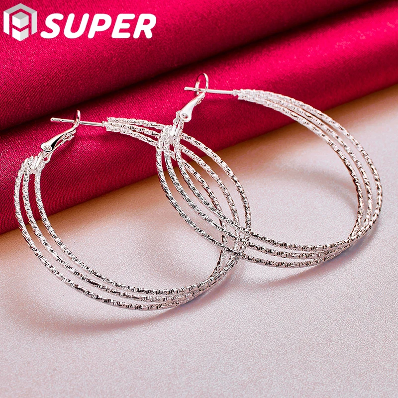 

925 Sterling Silver Round Three Circle 50mm Hoop Earrings For Woman Wedding Engagement Party Fashion Charm Jewelry