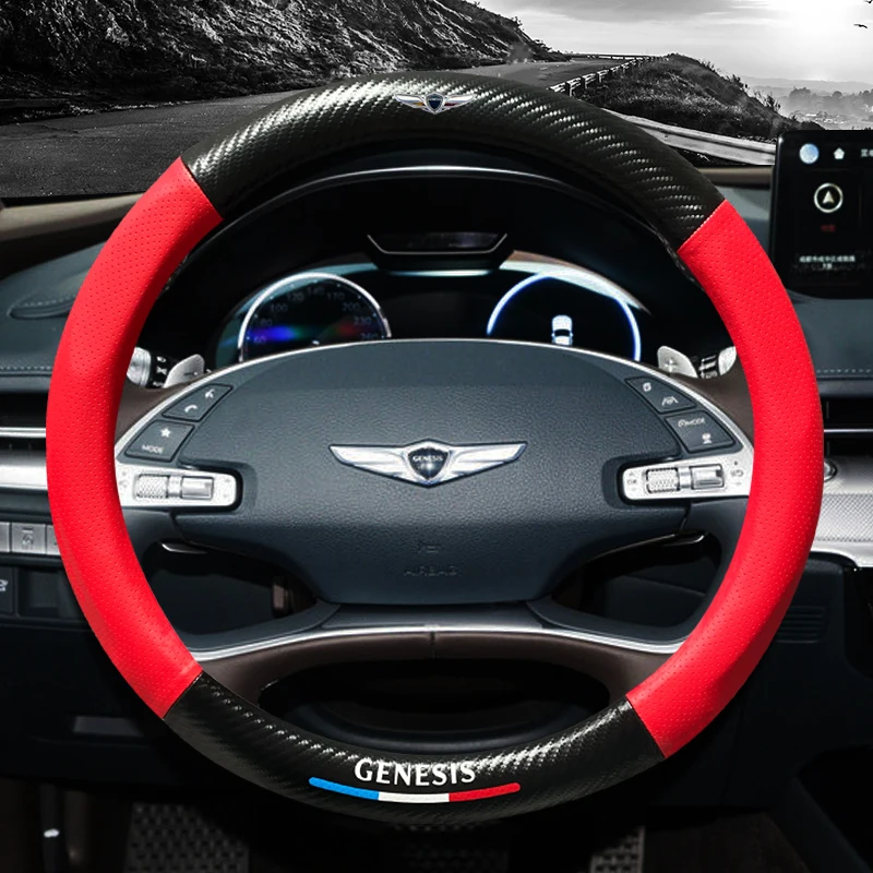 

For Hyundai Genesis G80 GV80 G70 2021 2022 Steering Wheel Cover Auto Decoration Carbon Fiber Breathable Teering Wheel Cover