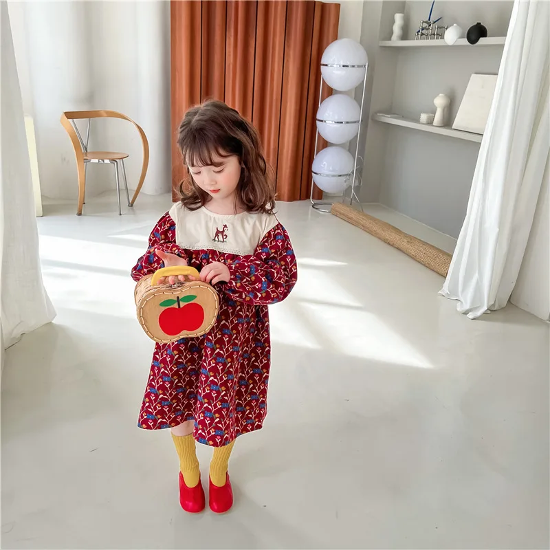 

2022 Spring Korean Girl Long Sleeve Embroidered Deer Garden Floral Princess Dress