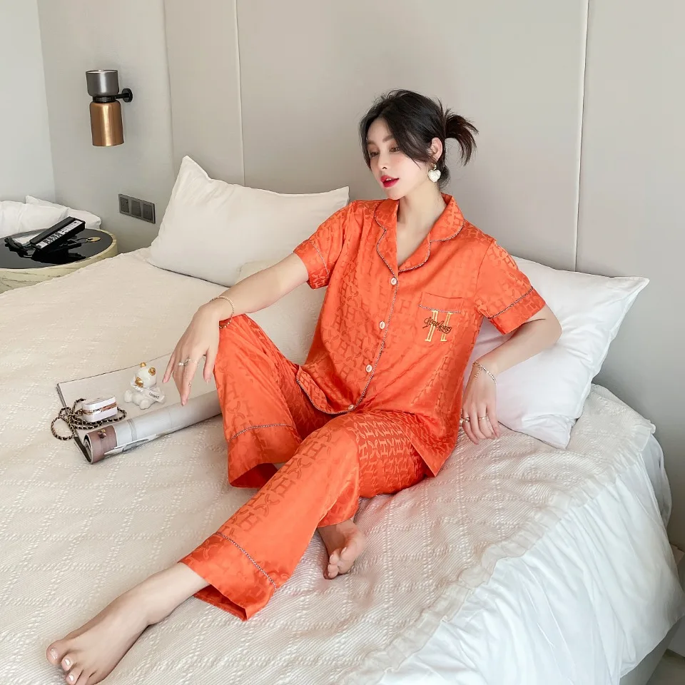 [Women's pajamas] [high-quality]2023 New Pajamas Women's Summer Short Sleeve Long Pants Jacquard Set Large Homewear