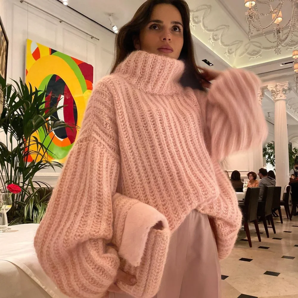 

Knitted Oversized Sweater Pullover Women's Fluffy Long-sleeved Turtleneck Sweaters Autumn Winter Streetwear