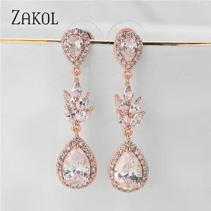Imported ZAKOL Rose Gold Color Luxury Round Water Drop Elegant CZ Long Dangle Earrings for Women Bridal Weddi