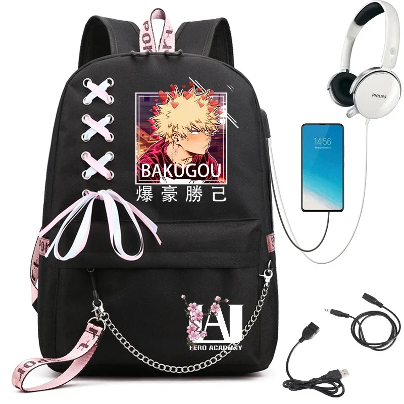 My Hero Academia Anime Plecak damski Port Usb Damski plecak podróżny Torba na ramię Katsuki Bakugo Trend laptopa