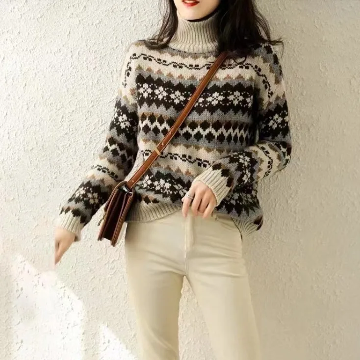 Жаккардовый теплый свитер с жакетом в скандинавском ретро-стиле высоким