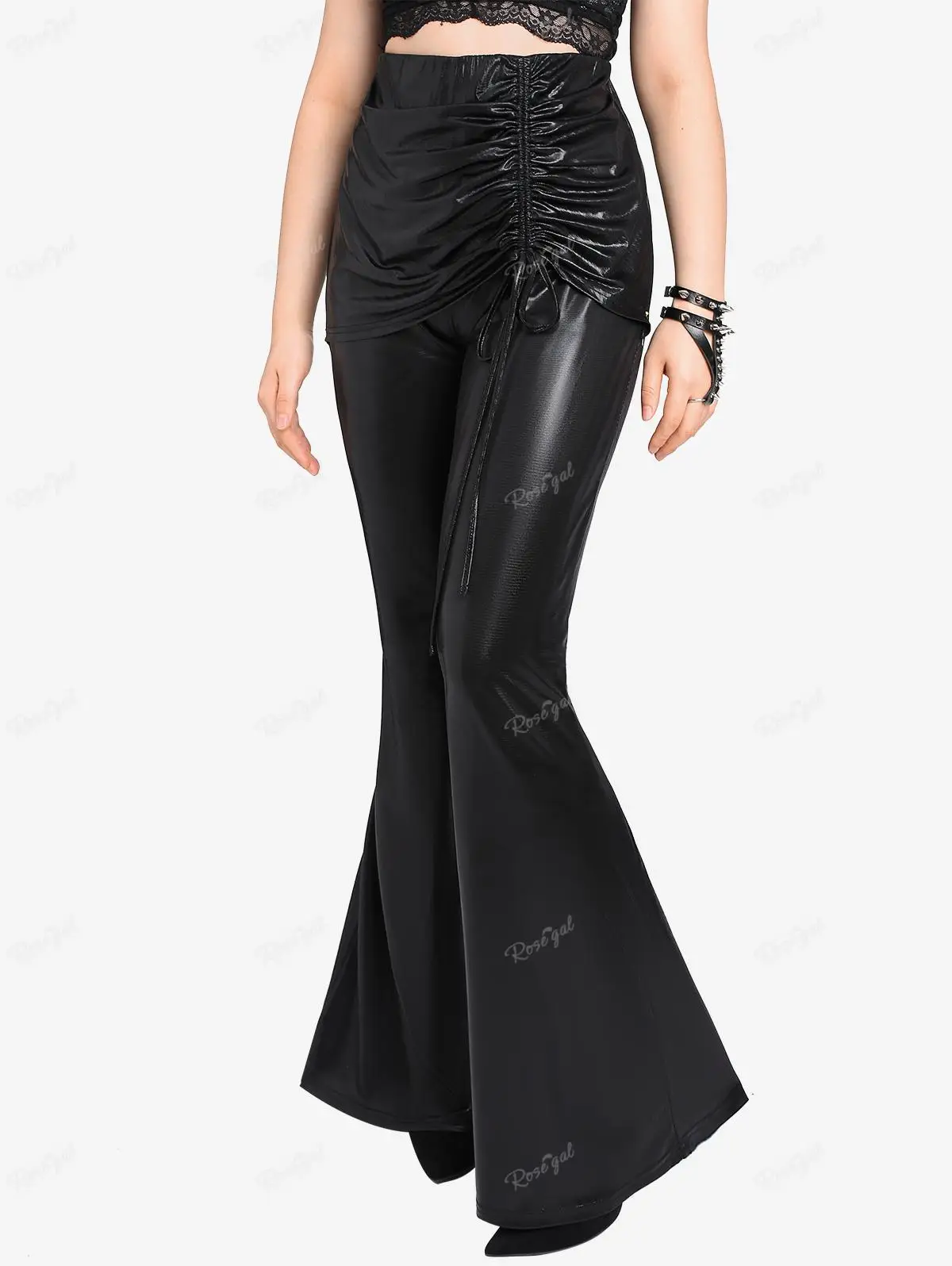

ROSEGAL Plus Size Gothic Cinched Flare Pants Bell Bottom Pull On Pant Women New High Waist Streetwear Ruched Trousers Mujer