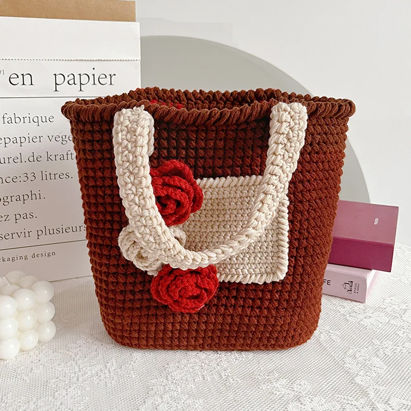 New Hot DIY Hand-knitted Crochet Vintage Wool Rose Assorted Colors Wool Handbag enlarge