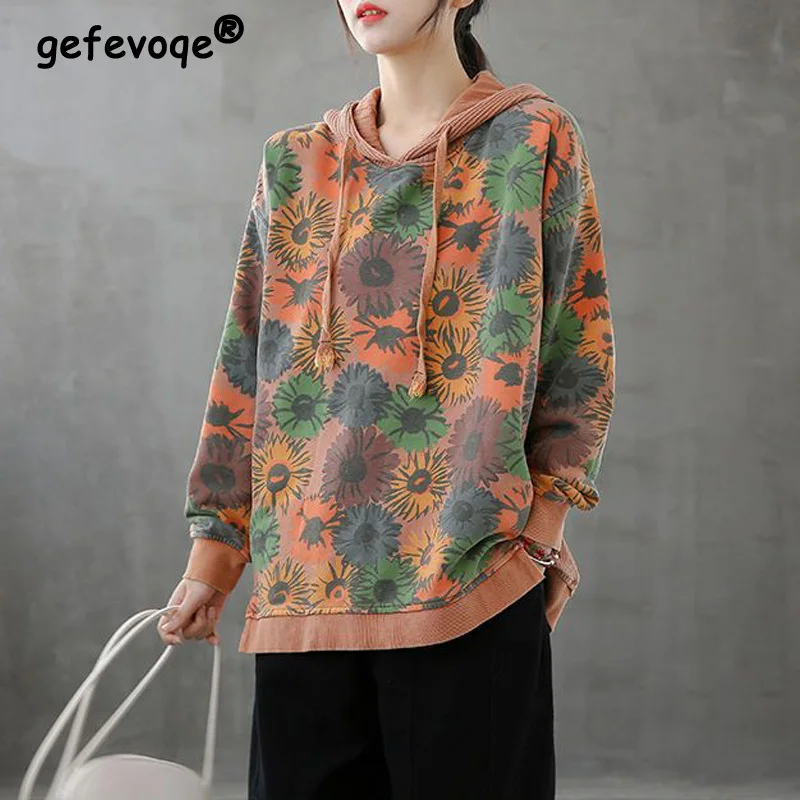 

Vintage Floral Print Patchwork Female Hooded Sweatshirts Women Casual Long Sleeve Loose Streetwear Pullover Hoodie Clothing 2023