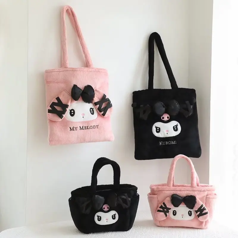 

New Sanrio Lovely Kuromi My Melody Handbag Plush Bag Cute Lolita Janpaese Style Shoulder Bag Student Black Bento Bag Girl Gift