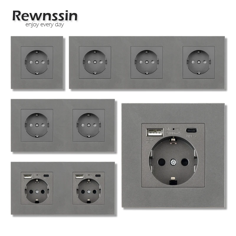 

Rewnssin Silver Plastic Gray Socket with Type C and Usb, Russian EU DE Standard Home Wall Mutiple Grey Outlets 220V, 16A