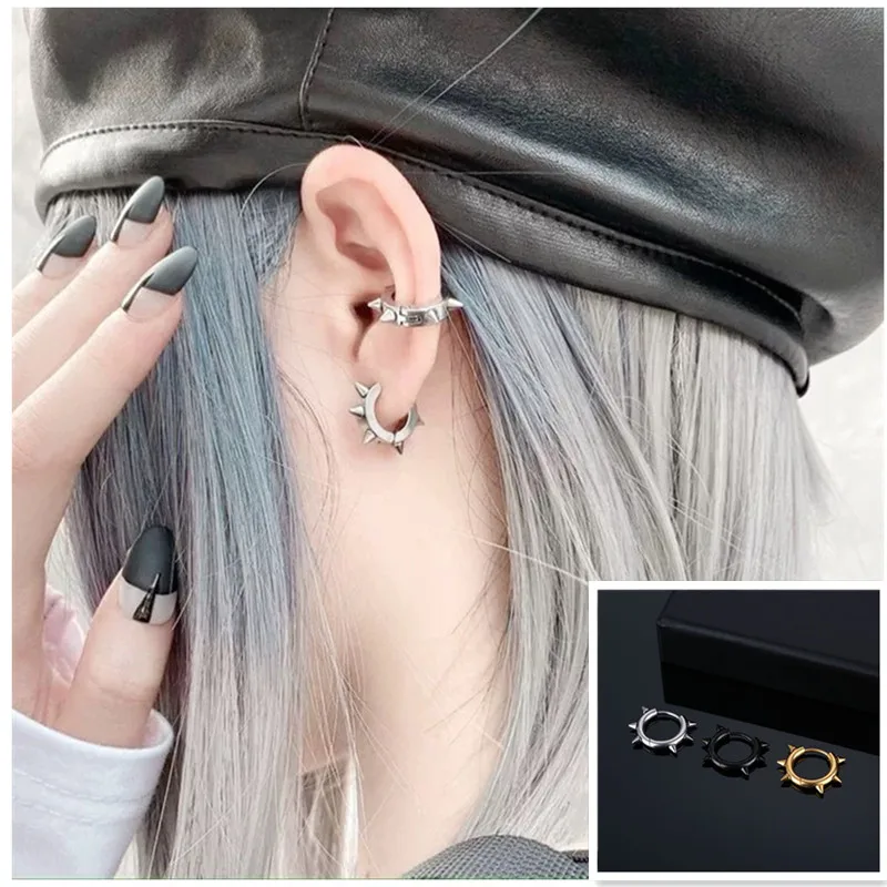 

Punk Trend Men and Women Titanium Steel Jewelry Stainless Steel Earrings Pointed Cone Rivets Coil Personality Earrings Wholesale