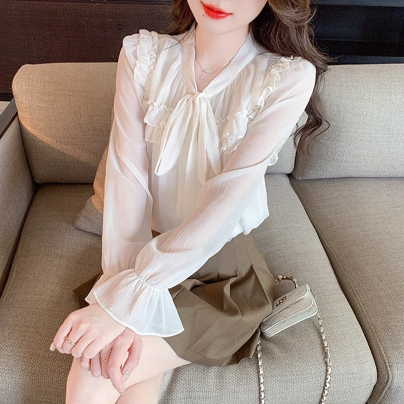Женская шифоновая блузка с длинным рукавом V-образным вырезом