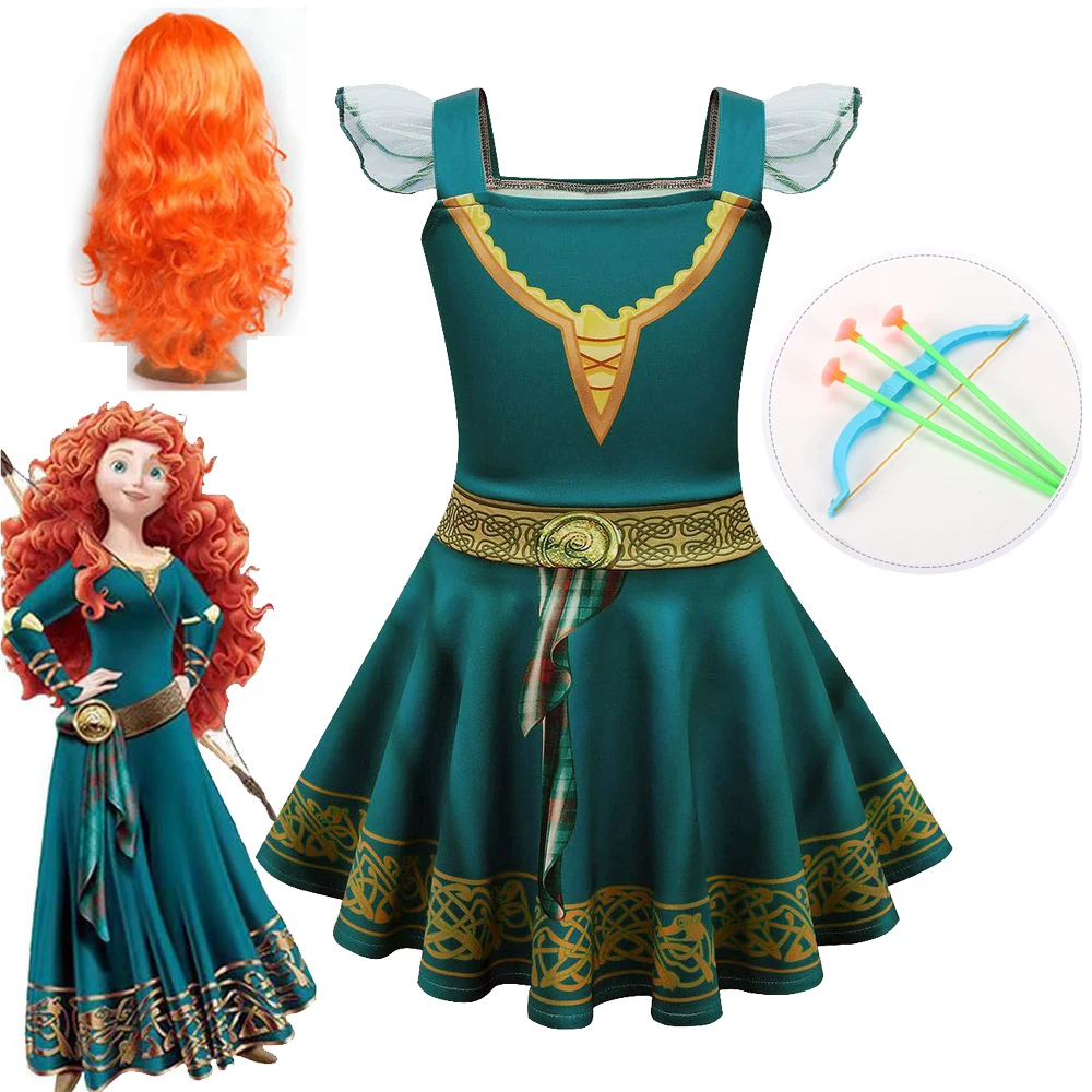 

New Cartoon Movie Girls Princess Merida Dress Halloween Brave Princess Costume with Wig Toy Bow and Arrow Bag Vintage Clothe