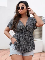 plus all over print tie front peplum blouse