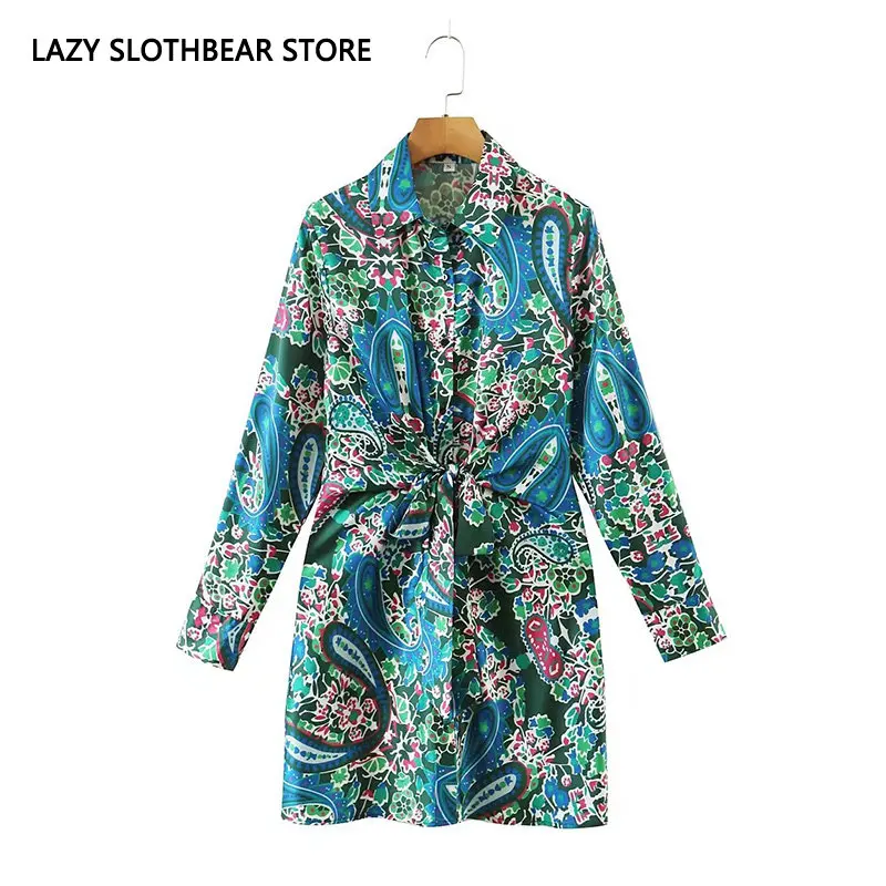 

Женское платье-рубашка с цветочным принтом, длинным рукавом и бантом