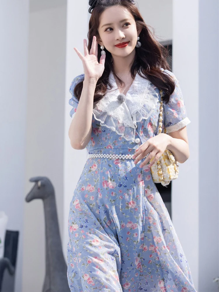 

Элегантное платье в стиле ретро с цветочным рисунком, женское синее платье с пышными рукавами, тонкое сексуальное длинное платье 2022, летняя ...