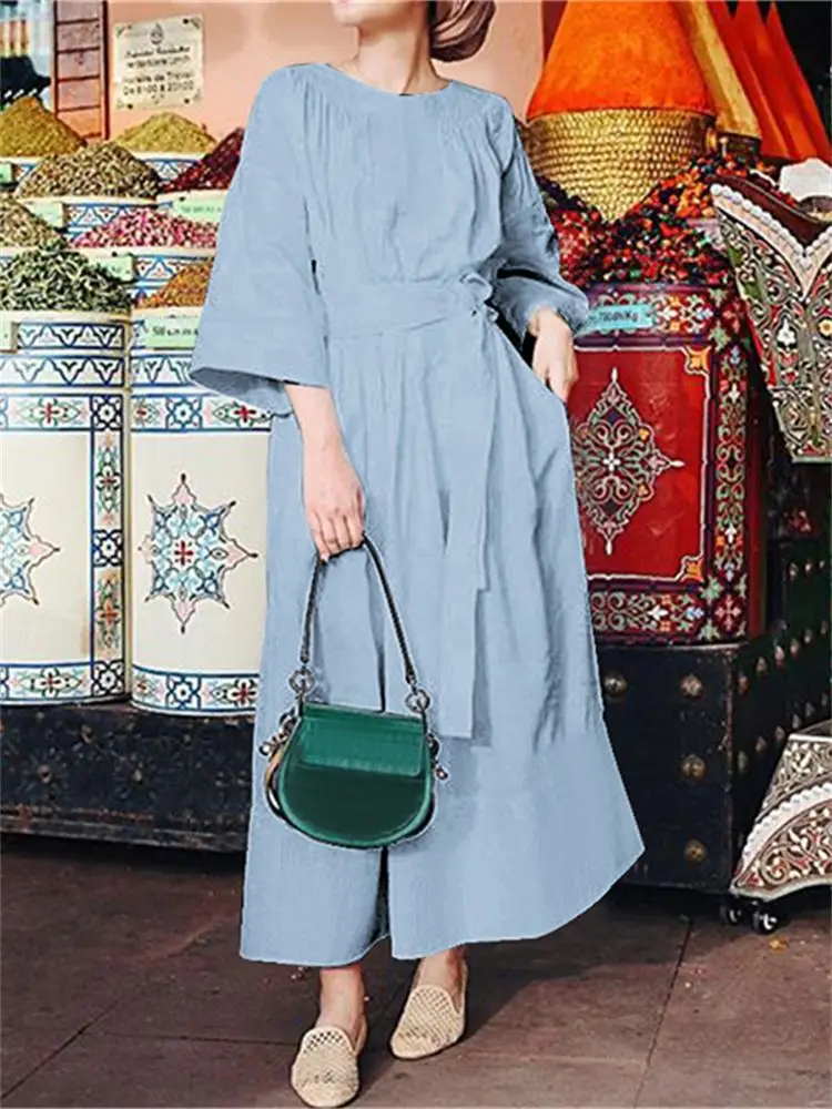 

Casual Loose A-line Sundress Women 3/4 Sleeve Maxi Dress Celmia 2022 Summer Solid Belted Long Vestido Vintage O-Neck Cotton Robe