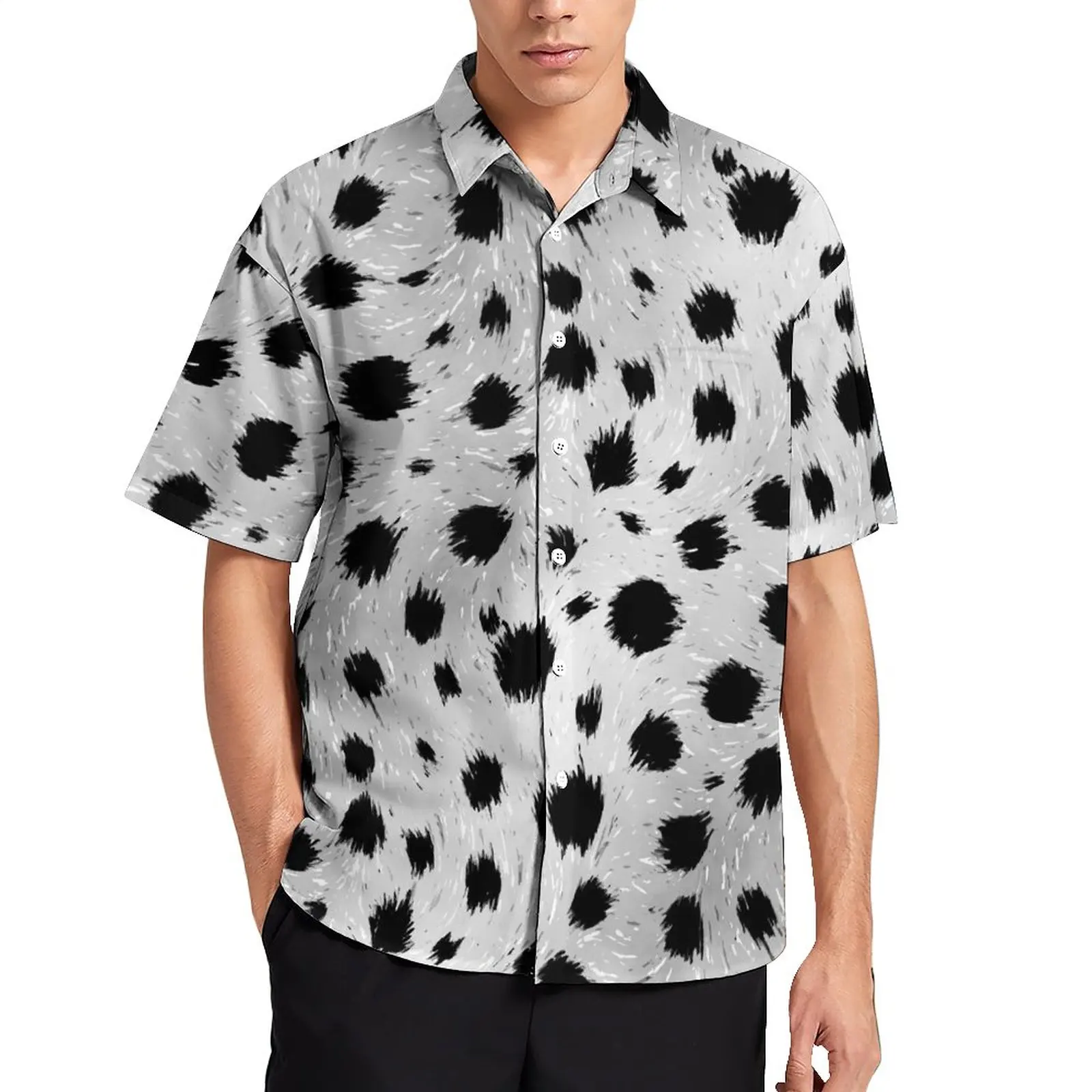 

Dalmatian Spots Print Vacation Shirt Black and White Hawaii Casual Shirts Streetwear Blouses Short-Sleeve Graphic Tops Plus Size