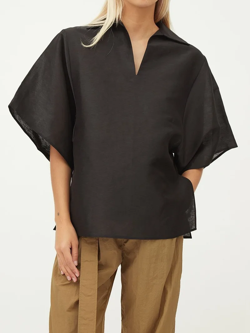 

Women Shirt 2020 Summer Pullover Five-point Sleeve V-neck Loose Blouse Black Shirt
