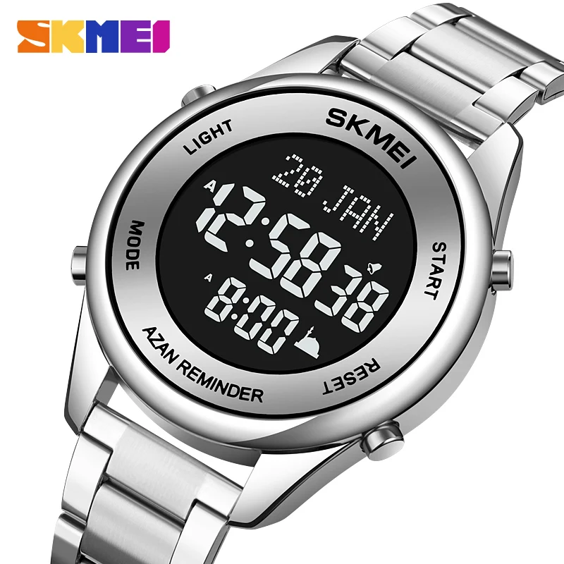 

SKMEI New Stainless Steel Muslim Azan Men Watch for Prayer with Qibla Compass Adhan Alarm Hijri Islamic Wristwatch Montre homme