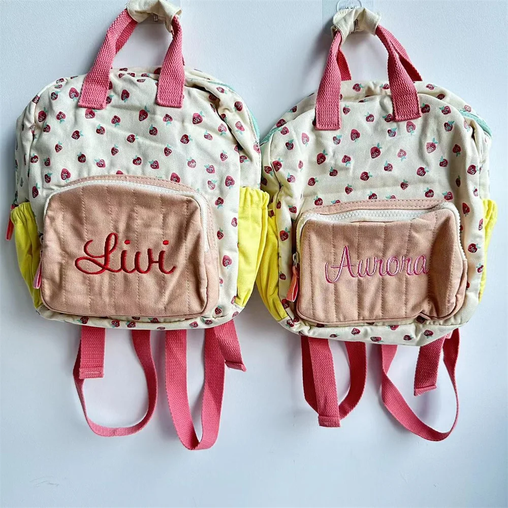 

New Cotton Canvas Strawberry Colored Cute Children's Backpack Personalized Name Schoolbag Baby's Primary School Backpacks