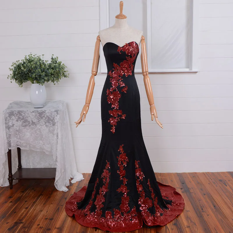 

real photos red sequined lace appliques 2016 new hot&sexy black long mermaid evening dress vestidos de festa elegant prom gown