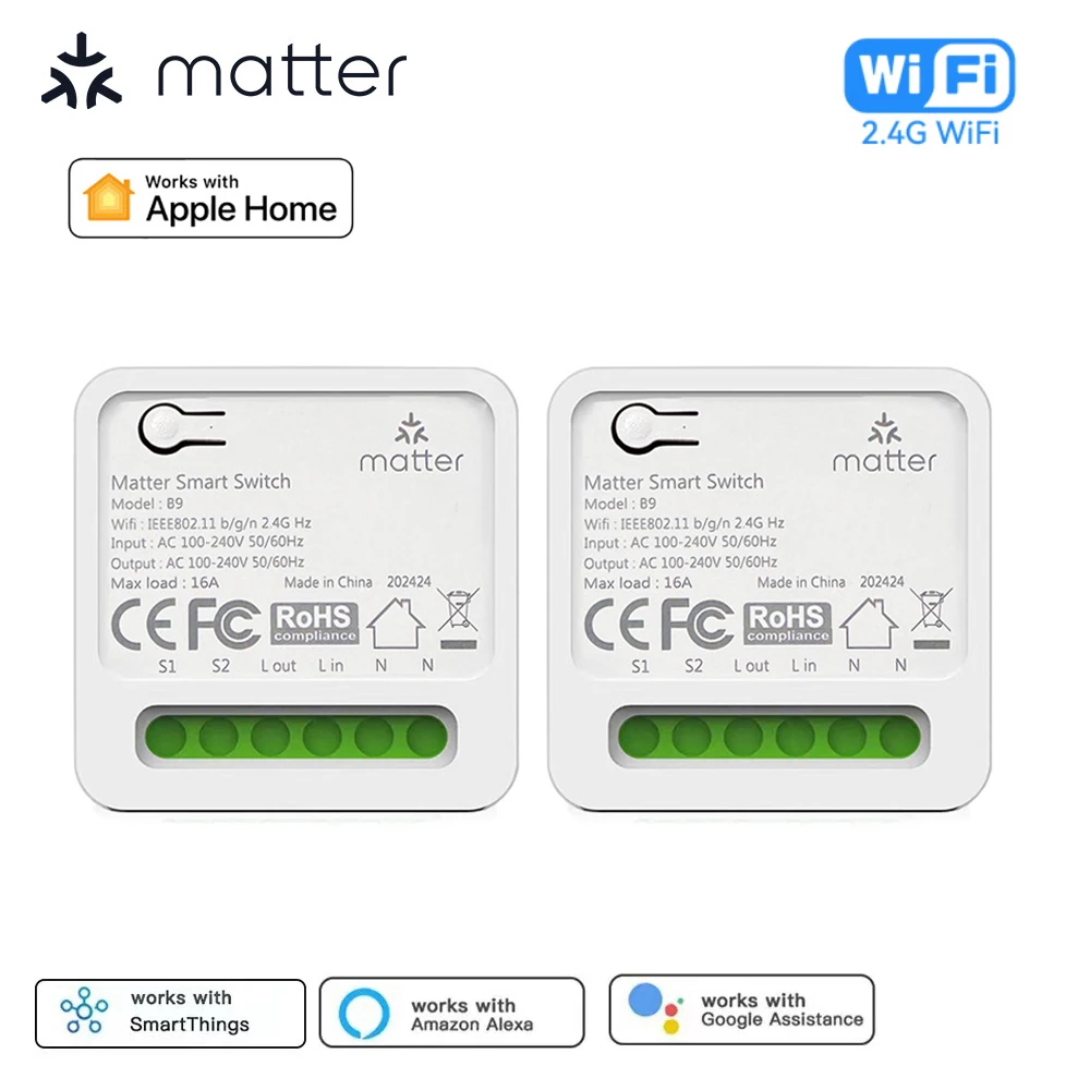 

Умный переключатель Matter Wi-Fi 16A, мини-выключатель, релейный модуль умной домашней автоматизации, работает с Homekit Smartthings Alexa Google Home
