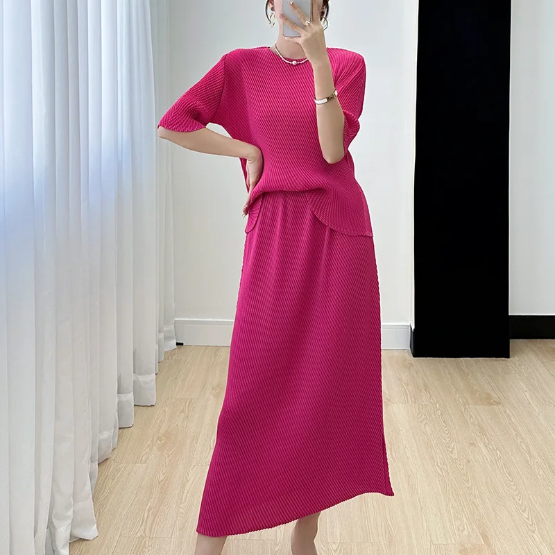 Женский комплект Miyake с коротким рукавом новинка ленивого стиля однотонное