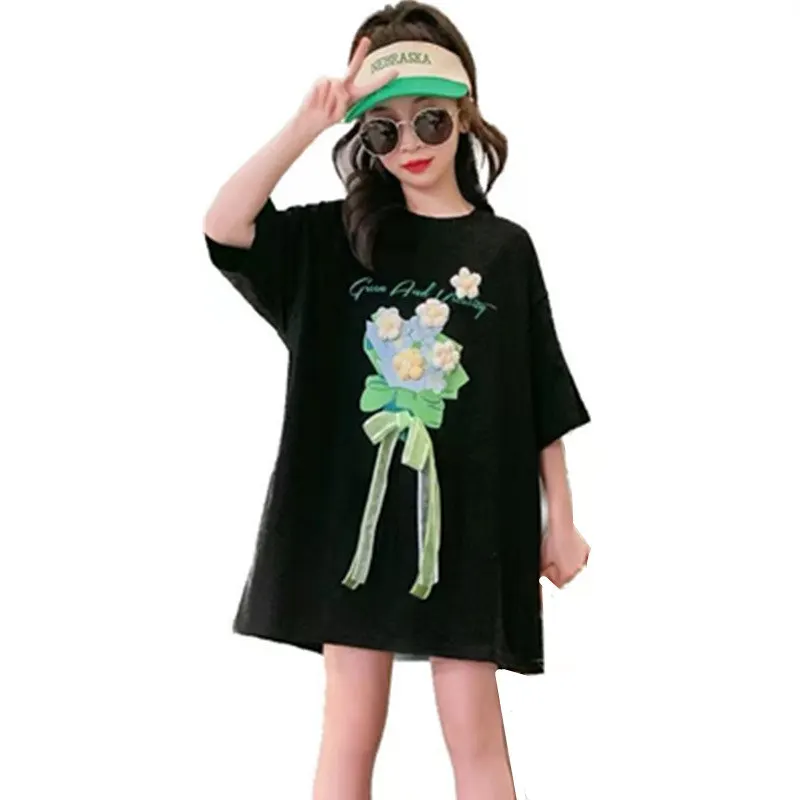 

2023 Summer Girls Long T Shirt Dresses Baby Casual Tees Teenager Kids Princess Flowers Pattern Cotton Tshirt Tops 10 11 12 Years