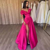 fuchsia off shoulder prom dress 2022 v neck a line ladies prom gowns long thigh slit pleat simple homecoming party dresses satin