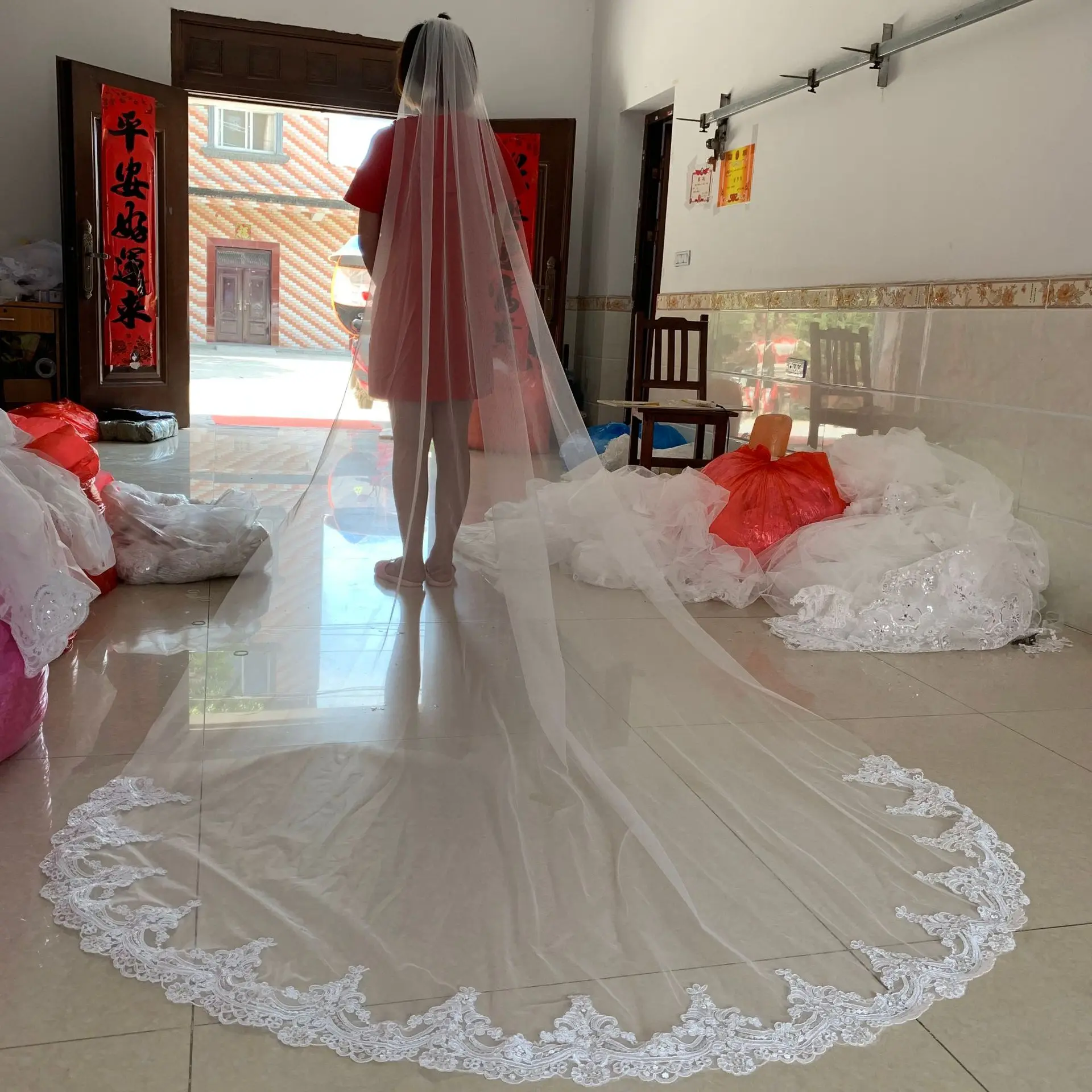 

Good Quality Cathedral Length Lace Edge Bridal Head Veil With Comb Long Wedding Veil Accessories velos de novia